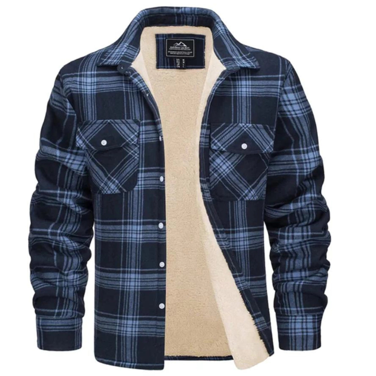 Men's plaid jacket with sherpa-style lining and chest pockets