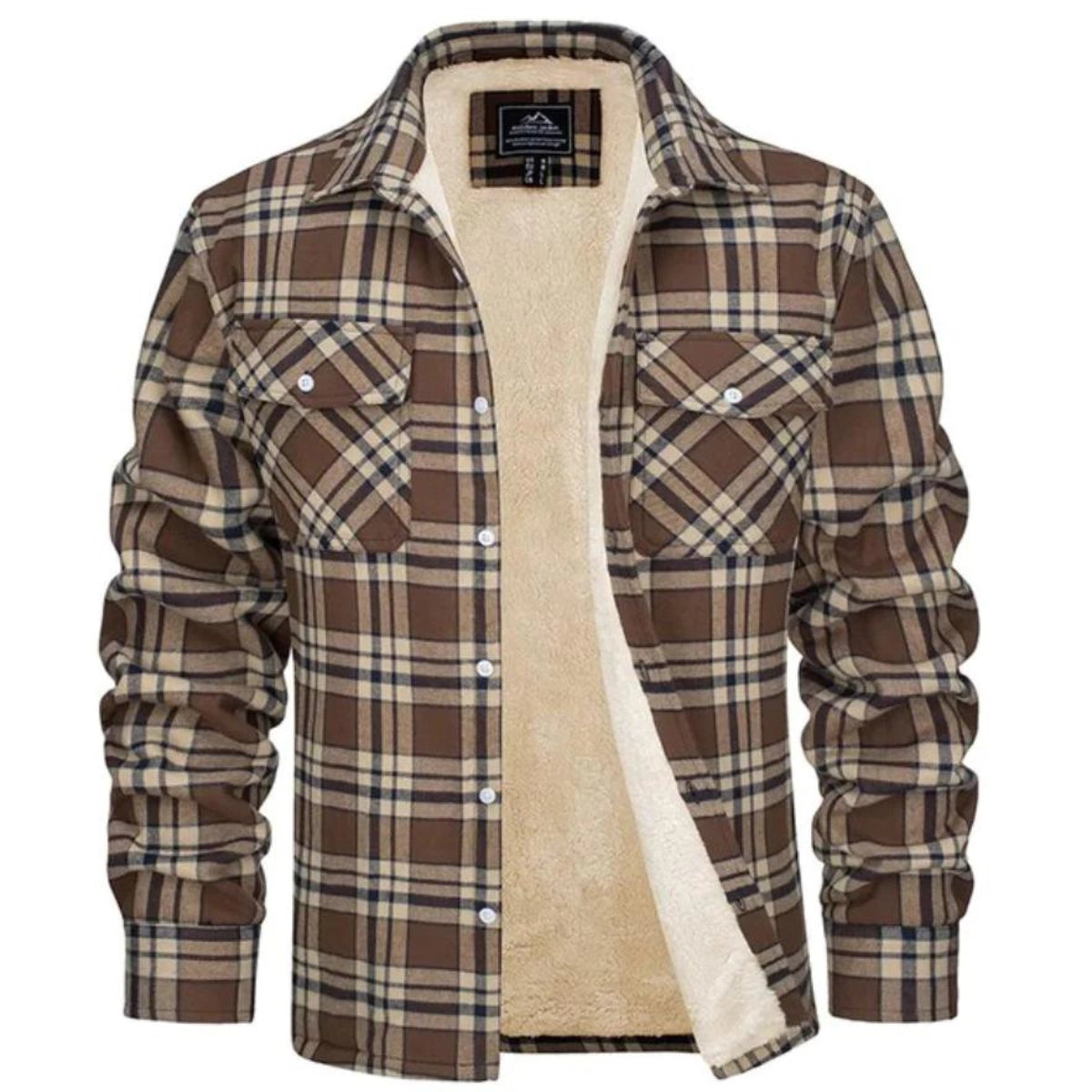 Men's plaid jacket with sherpa-style lining and chest pockets