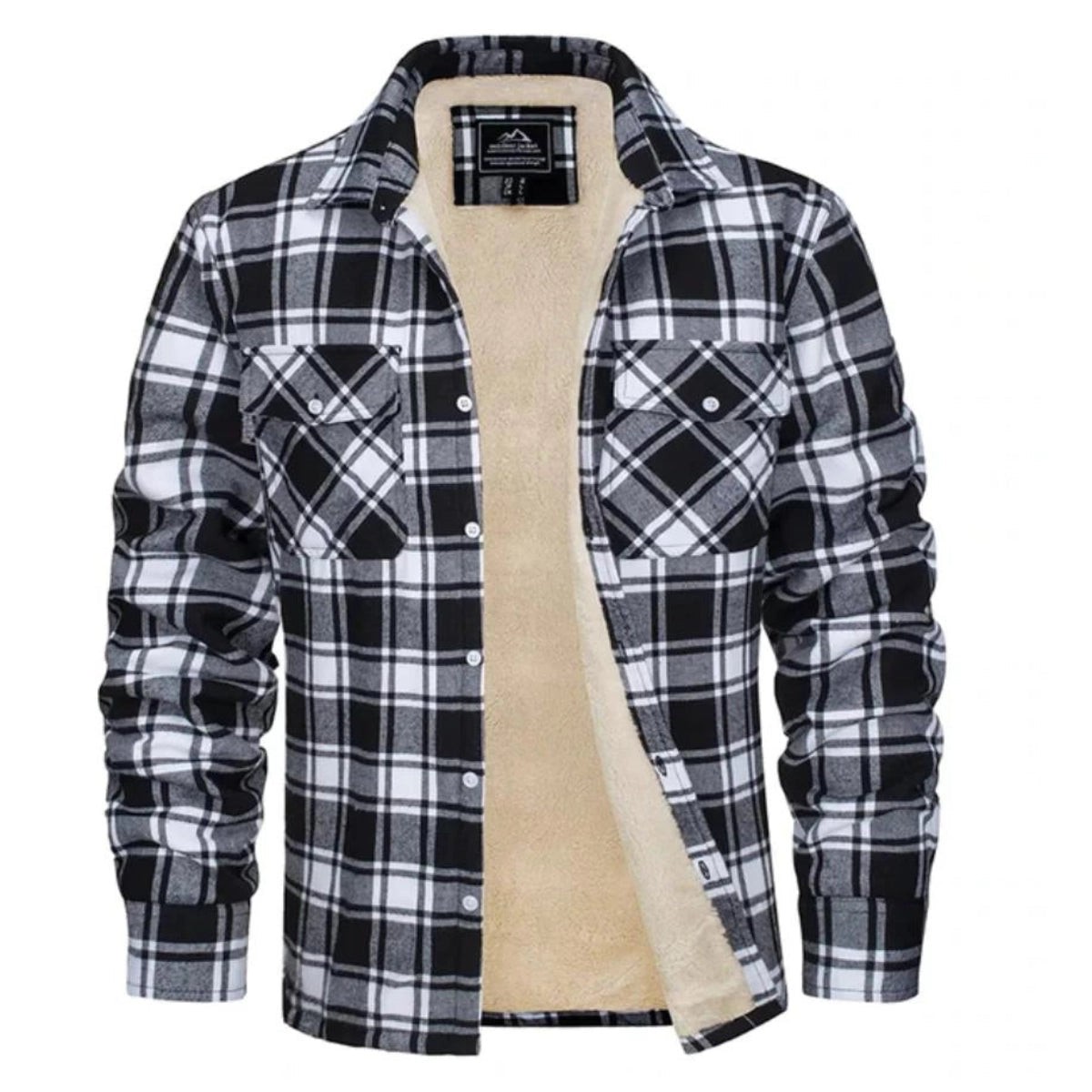 Men's plaid jacket with sherpa-style lining and chest pockets