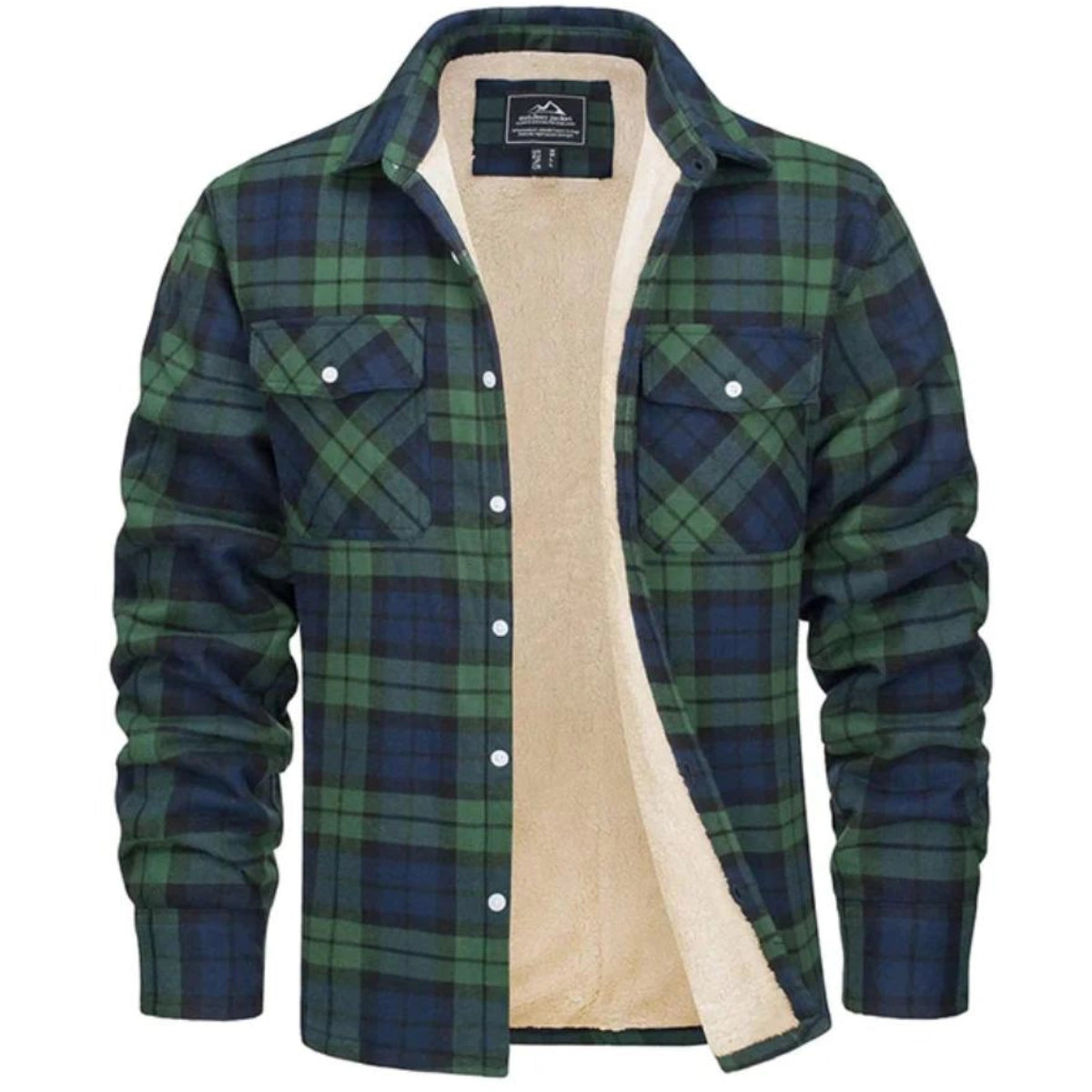 Men's plaid jacket with sherpa-style lining and chest pockets