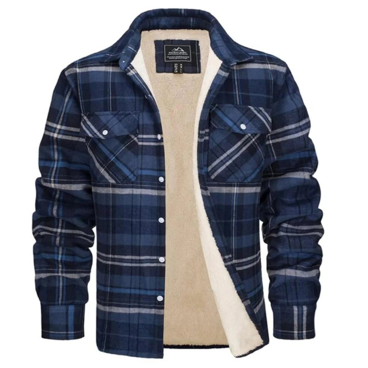 Men's plaid jacket with sherpa-style lining and chest pockets