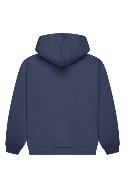 Navy hooded sweatshirt with long sleeves, ribbed trims and chest logo
