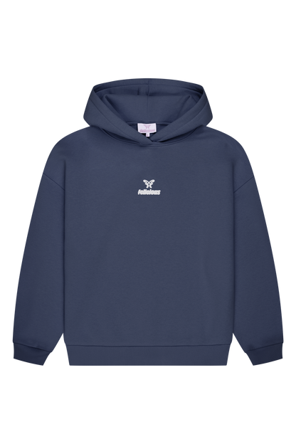 Navy hooded sweatshirt with long sleeves, ribbed trims and chest logo