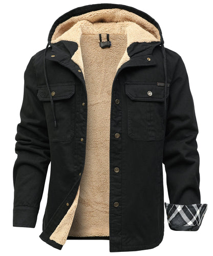 Hooded utility jacket with fleece-textured lining, snap front and multiple pockets