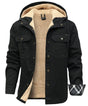 Hooded utility jacket with fleece-textured lining, snap front and multiple pockets