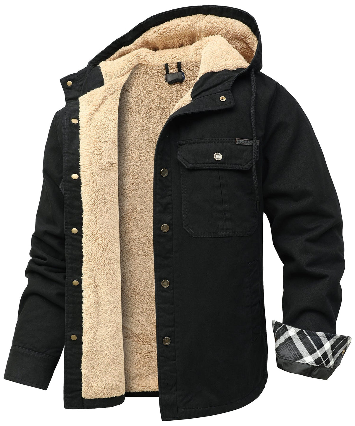 Hooded utility jacket with fleece-textured lining, snap front and multiple pockets
