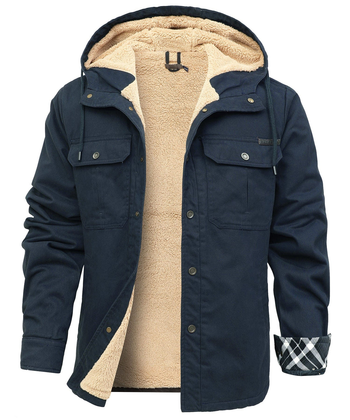 Hooded utility jacket with fleece-textured lining, snap front and multiple pockets