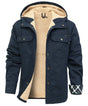 Hooded utility jacket with fleece-textured lining, snap front and multiple pockets