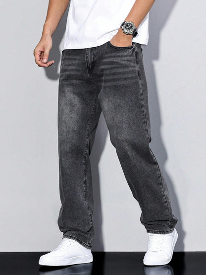 Men's loose straight leg jeans shown in grey and blue denim washes