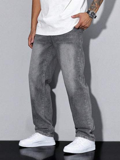 Men's loose straight leg jeans shown in grey and blue denim washes