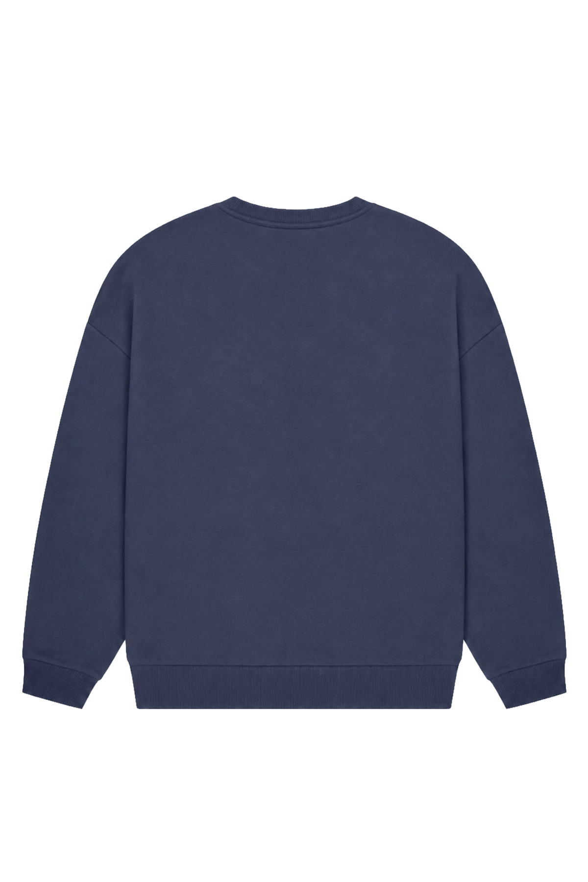 Navy crewneck sweatshirt with raised chest logo and ribbed trims