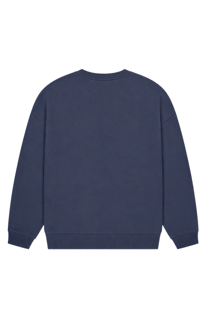 Navy crewneck sweatshirt with raised chest logo and ribbed trims