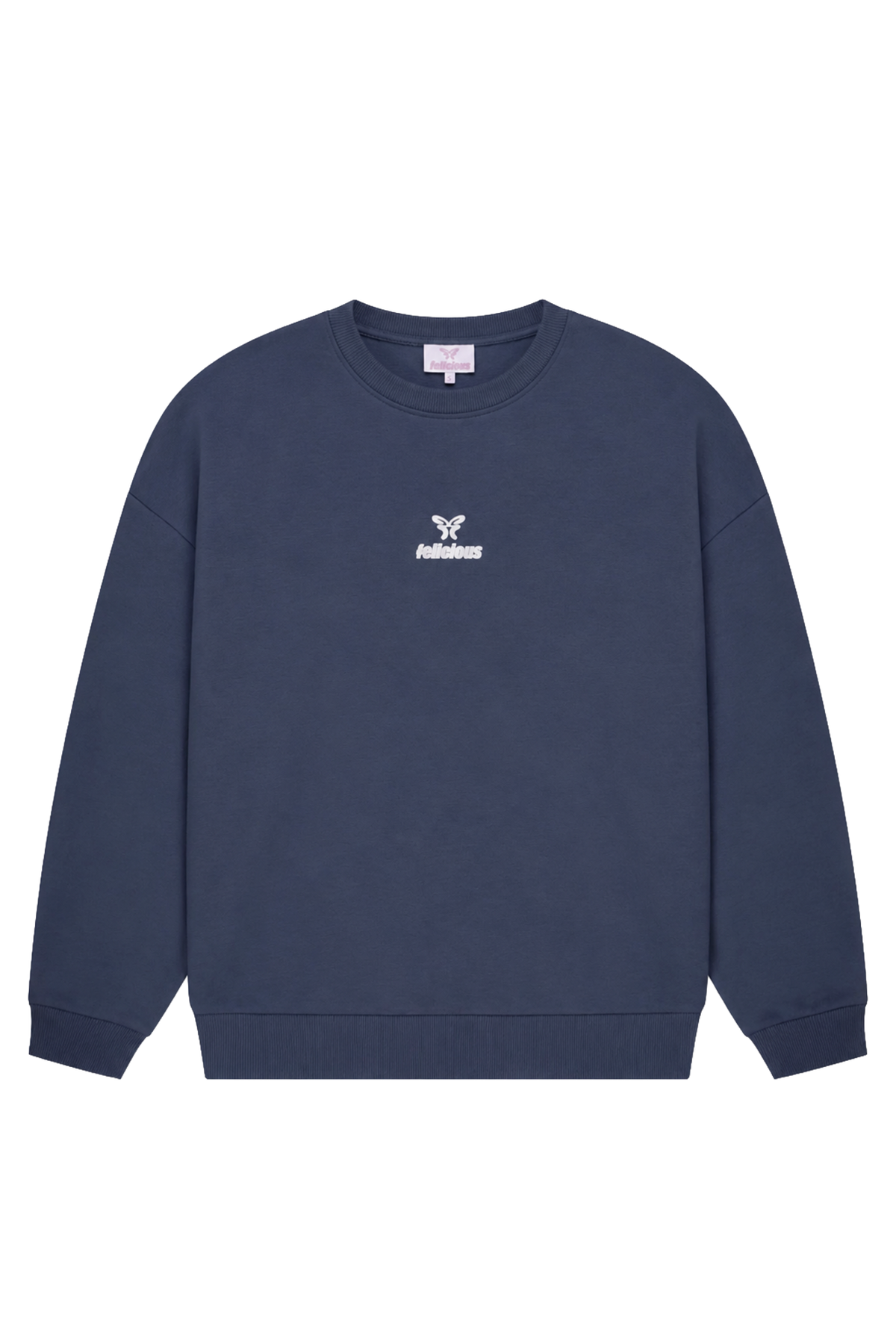Navy crewneck sweatshirt with raised chest logo and ribbed trims