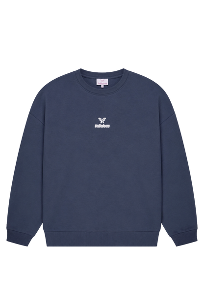 Navy crewneck sweatshirt with raised chest logo and ribbed trims