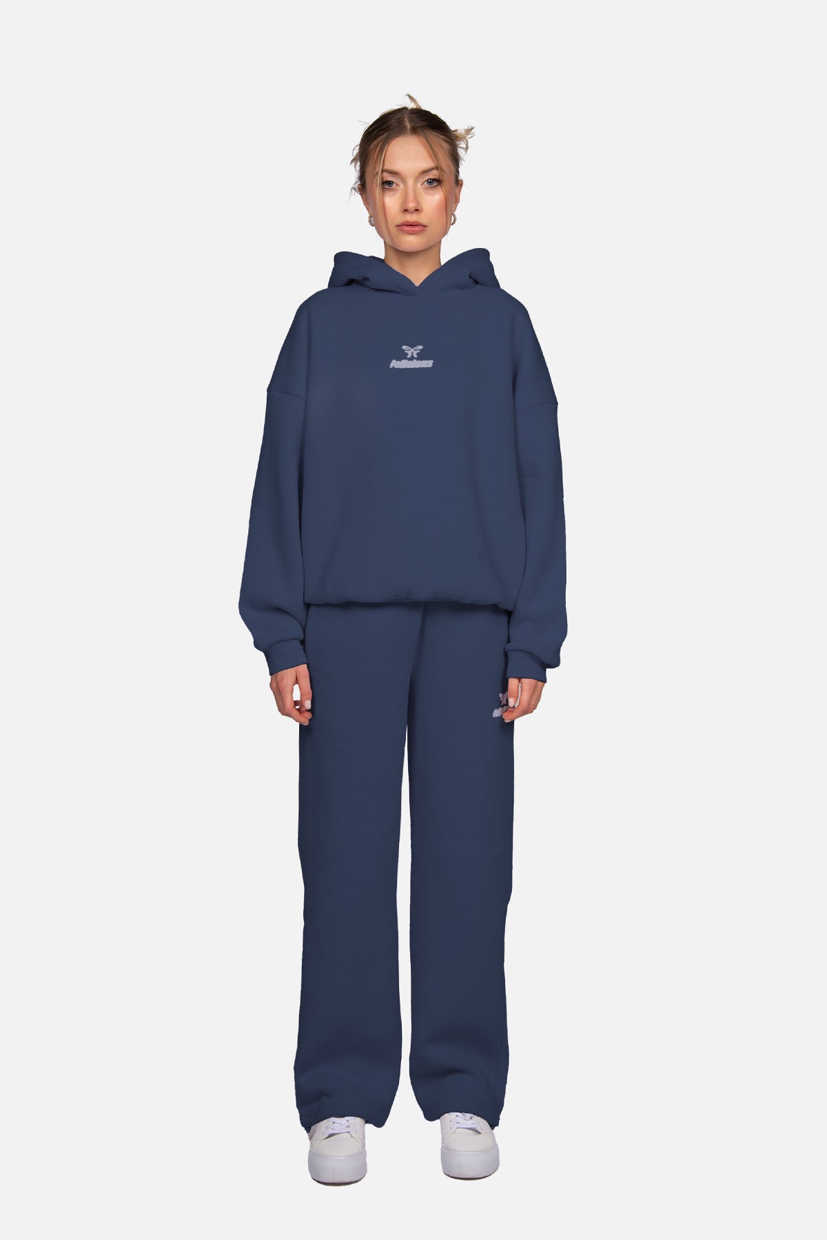Navy hooded sweatshirt with long sleeves, ribbed trims and chest logo