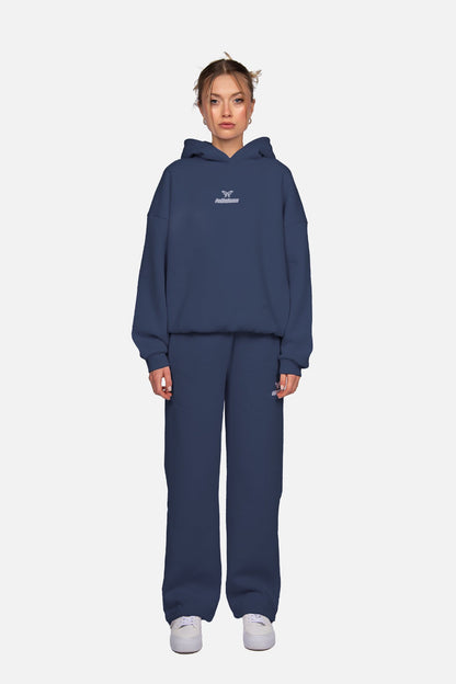 Navy hooded sweatshirt with long sleeves, ribbed trims and chest logo