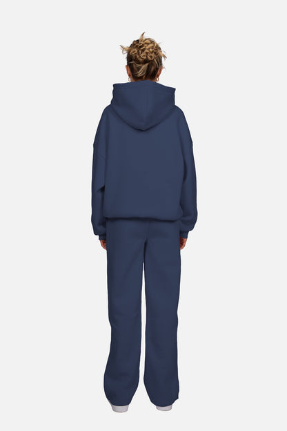 Navy hooded sweatshirt with long sleeves, ribbed trims and chest logo