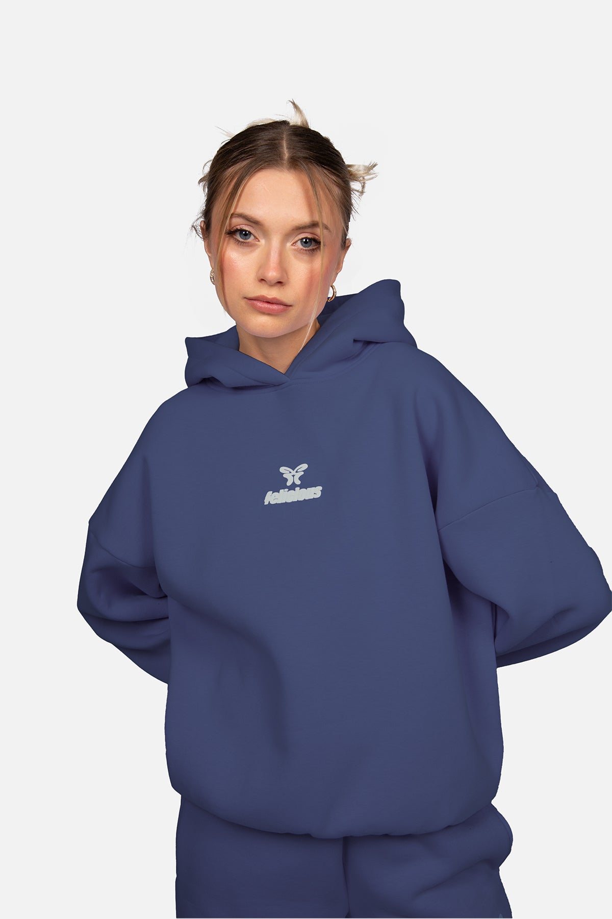 Navy hooded sweatshirt with long sleeves, ribbed trims and chest logo