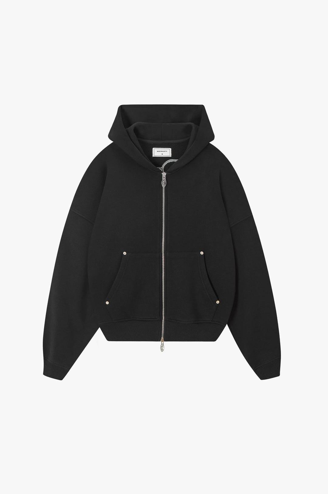 Black zip-up hoodie with hood and cream graphic on the back