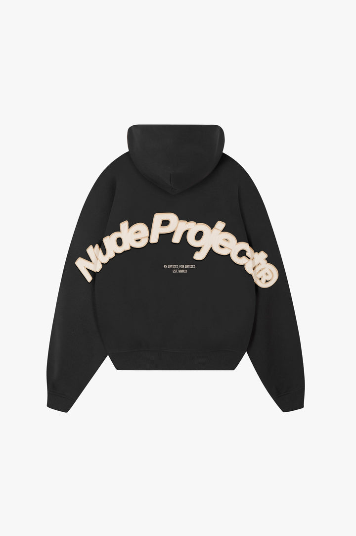 Black zip-up hoodie with hood and cream graphic on the back