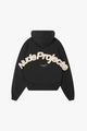 Black zip-up hoodie with hood and cream graphic on the back