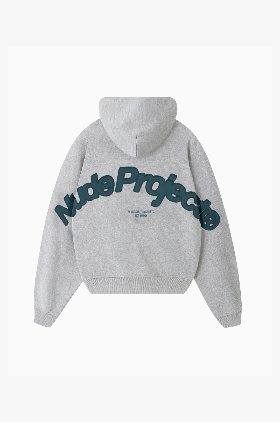 Grey graphic zip-up hoodie with hood and lettering