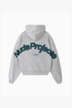 Grey graphic zip-up hoodie with hood and lettering