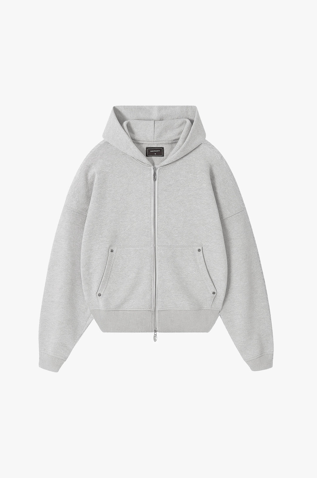 Grey graphic zip-up hoodie with hood and lettering