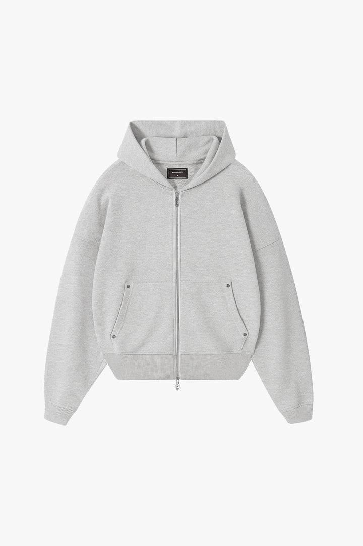 Grey graphic zip-up hoodie with hood and lettering