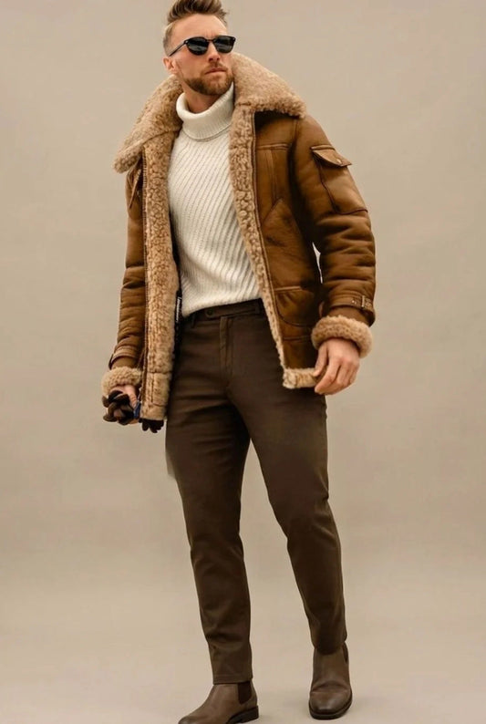 Men's aviator jacket with plush trim collar, cuffs and zip front