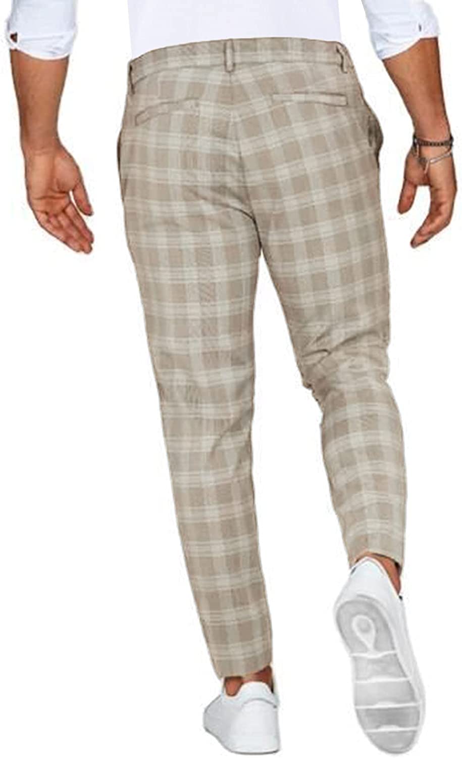 Men's tapered checked chino trousers with belt loops and ankle-length legs