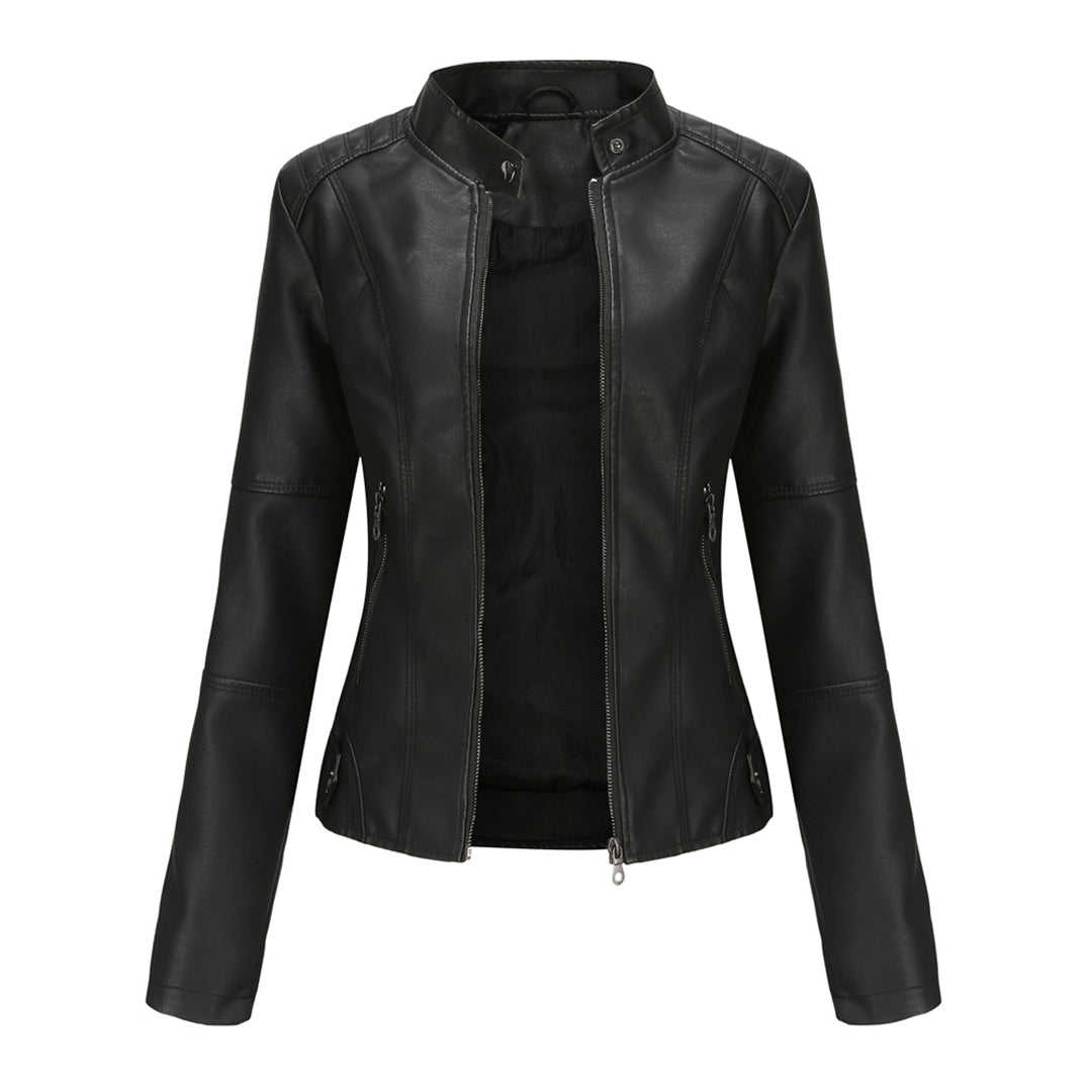 Women's tailored fitted leather jacket with zip front and stand collar