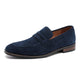 Men's dark brown and navy suede loafer with penny strap detail and stacked heel