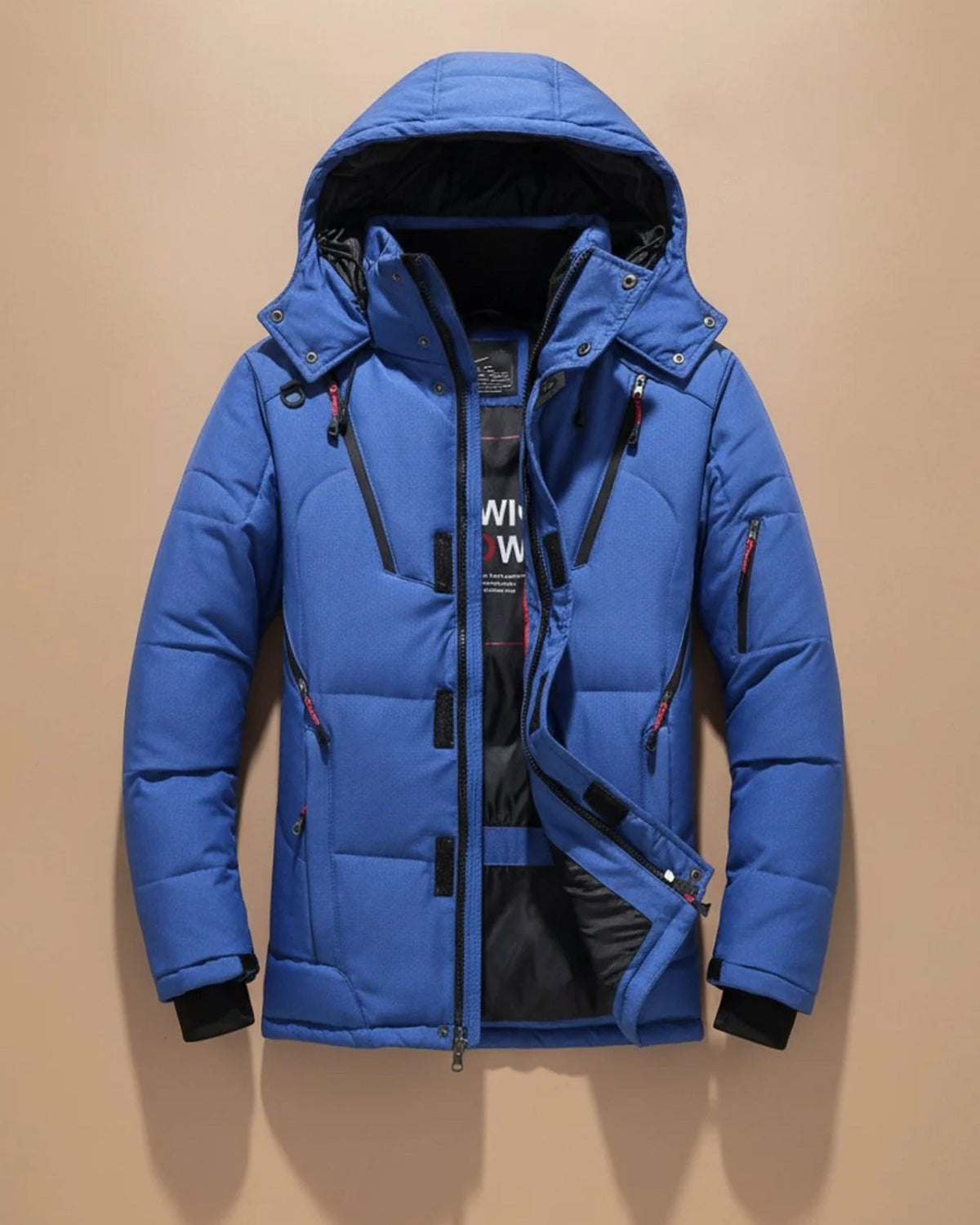 Men's quilted hooded jacket with long sleeves and multiple zipped pockets