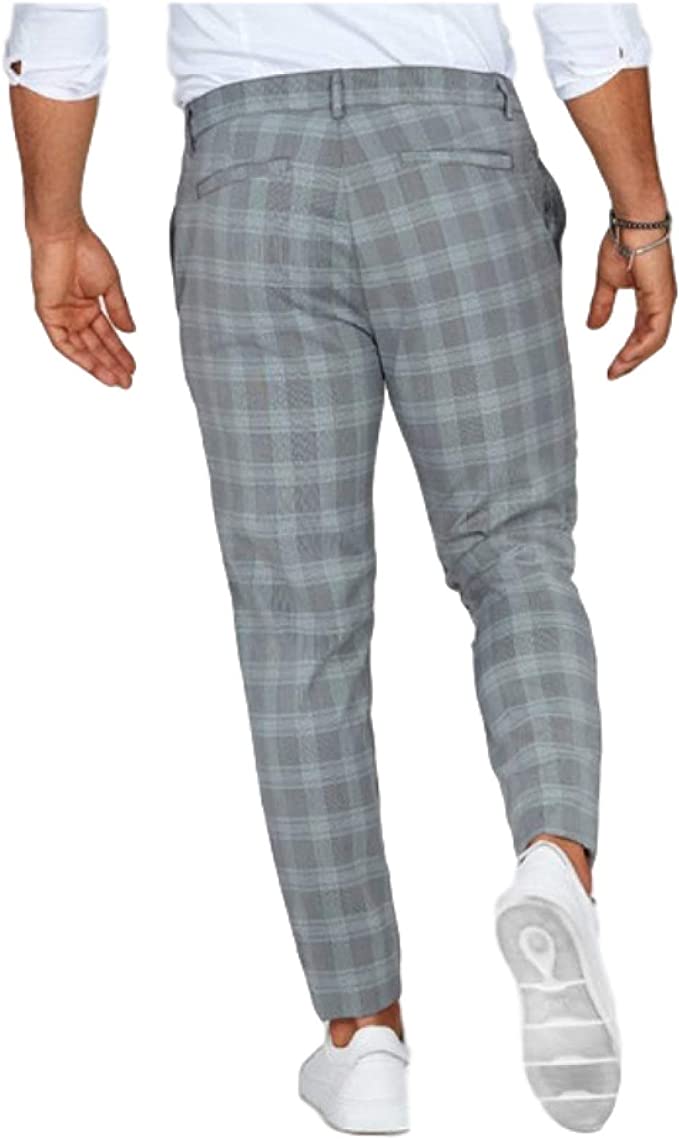 Men's tapered checked chino trousers with belt loops and ankle-length legs