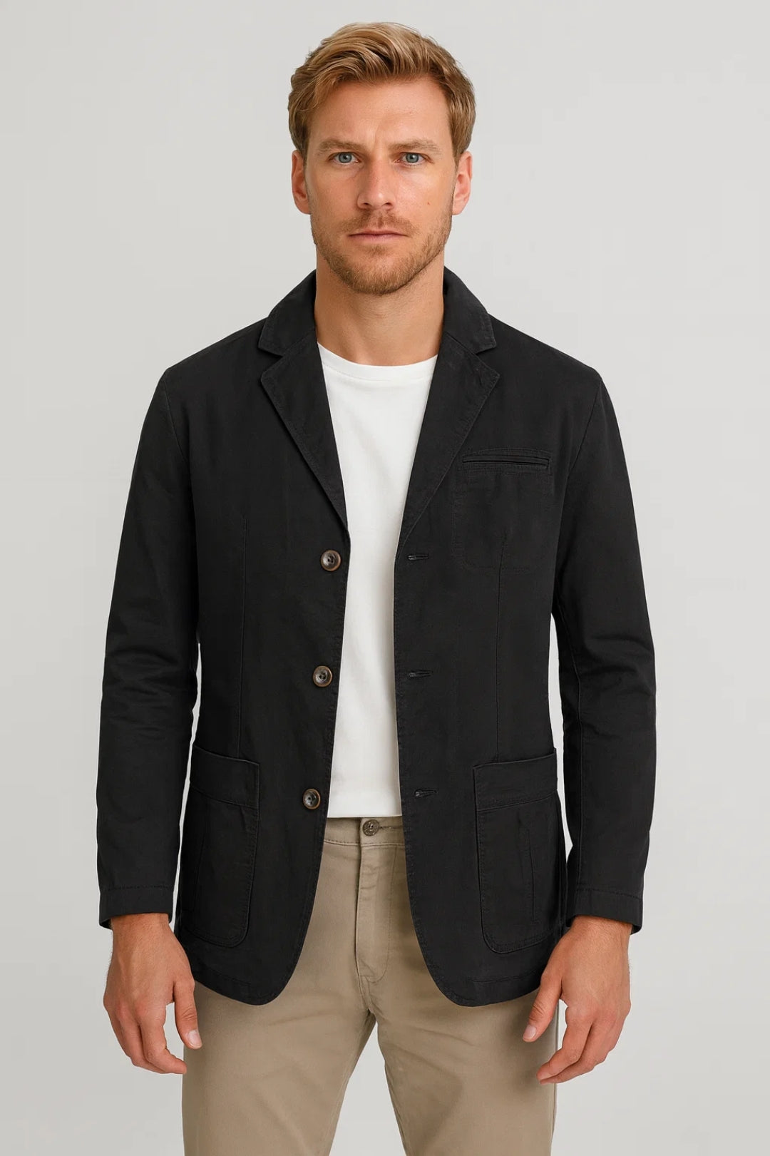 Men's blazer with notched lapels, button front and patch pockets