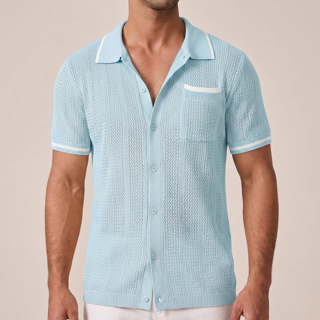 Men's Camp Collar Shirt, Openwork Knit, Contrast Stripe