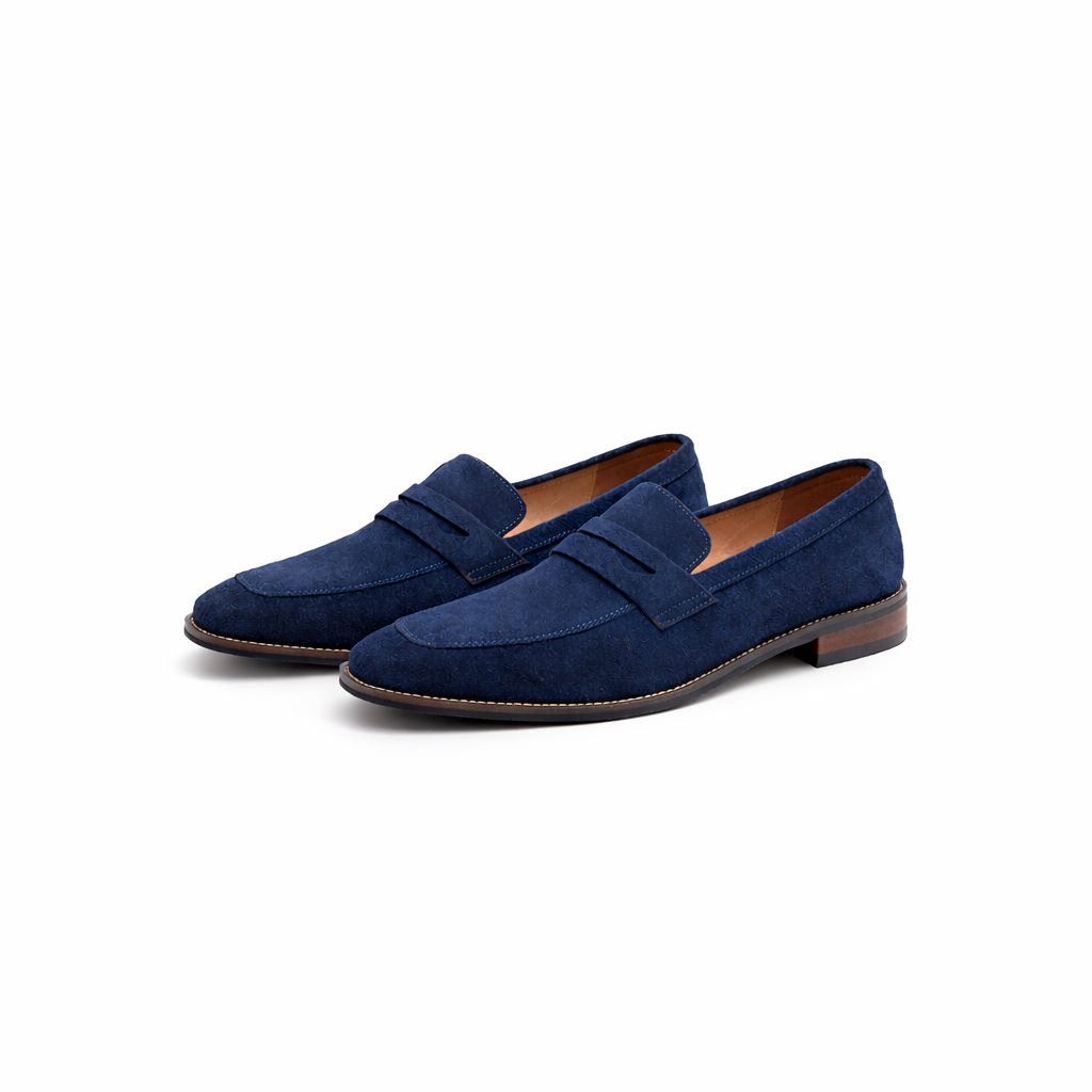 Men's dark brown and navy suede loafer with penny strap detail and stacked heel