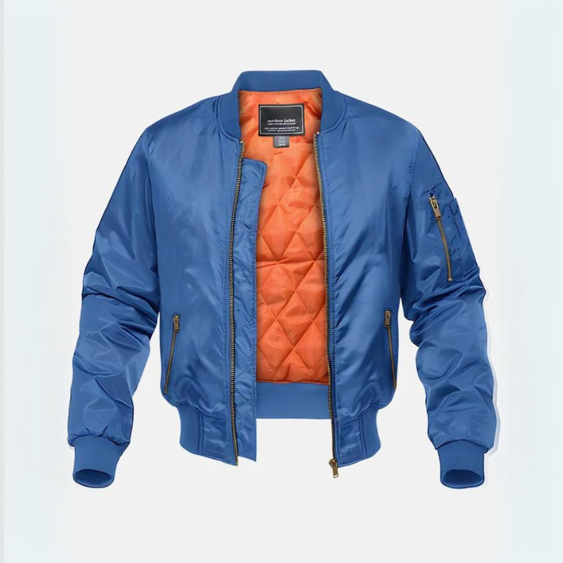 Quilted bomber jacket with mock neck, zip pockets and contrasting orange lining