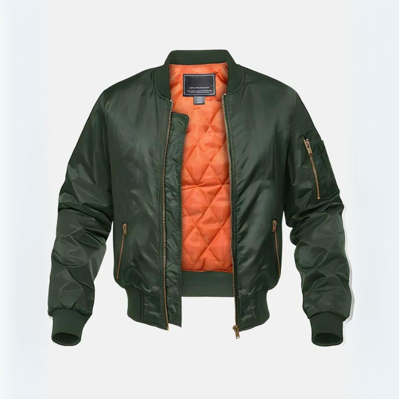 Quilted bomber jacket with mock neck, zip pockets and contrasting orange lining