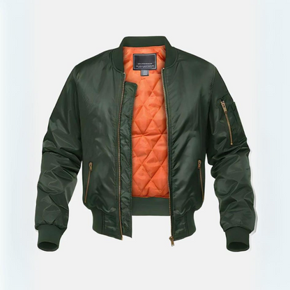 Quilted bomber jacket with mock neck, zip pockets and contrasting orange lining