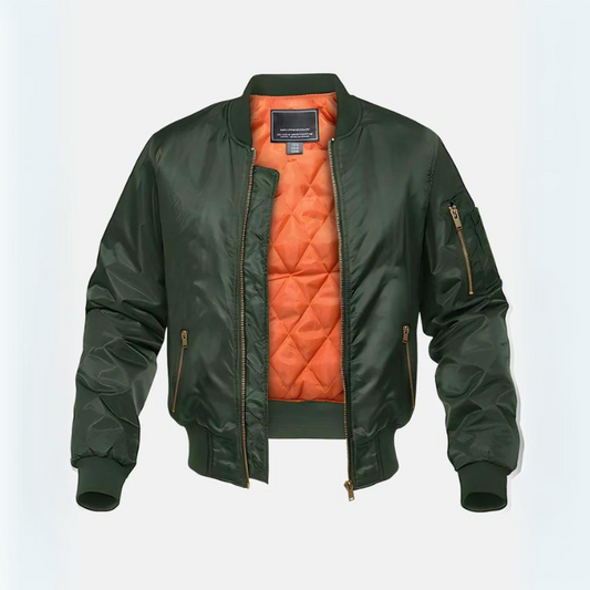 Quilted bomber jacket with mock neck, zip pockets and contrasting orange lining