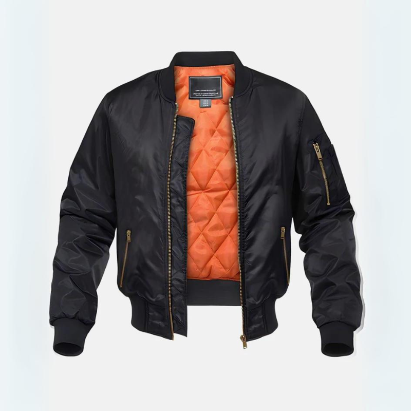 Quilted bomber jacket with mock neck, zip pockets and contrasting orange lining