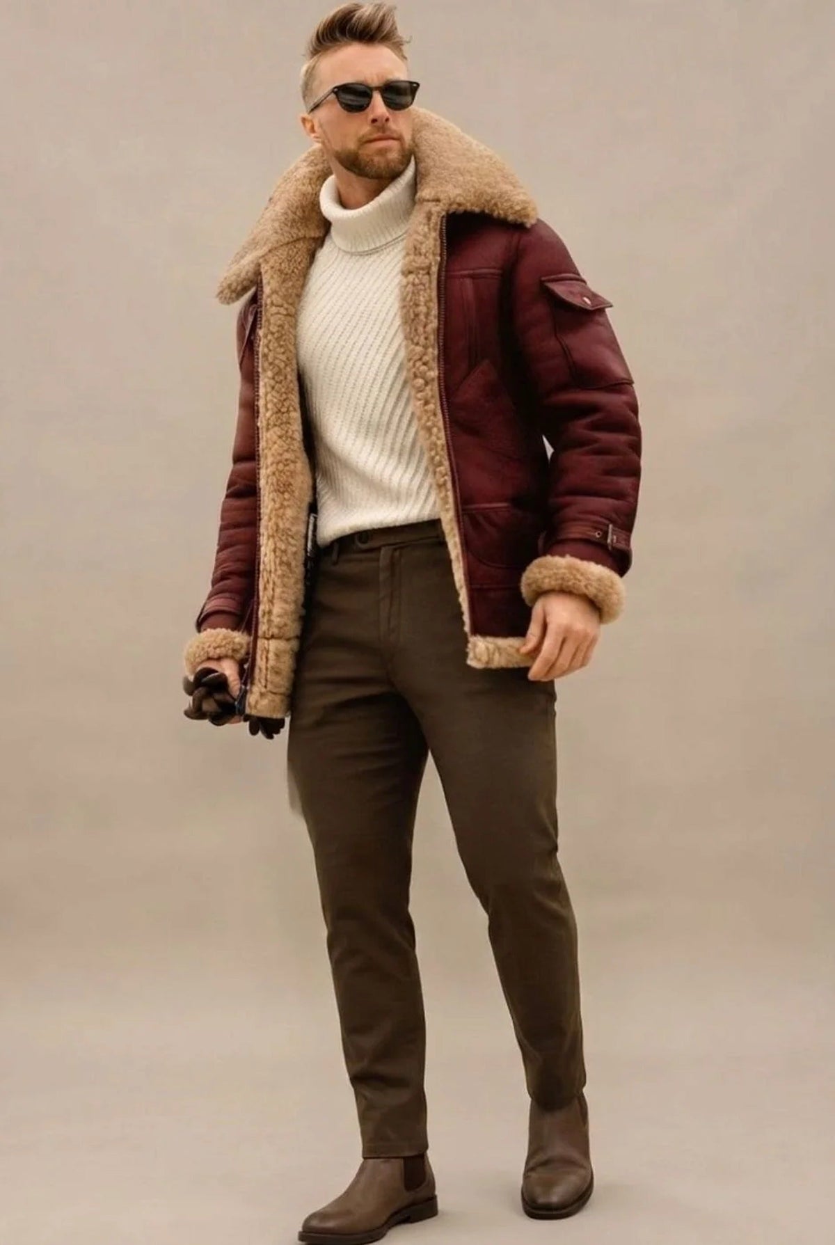 Men's aviator jacket with plush trim collar, cuffs and zip front