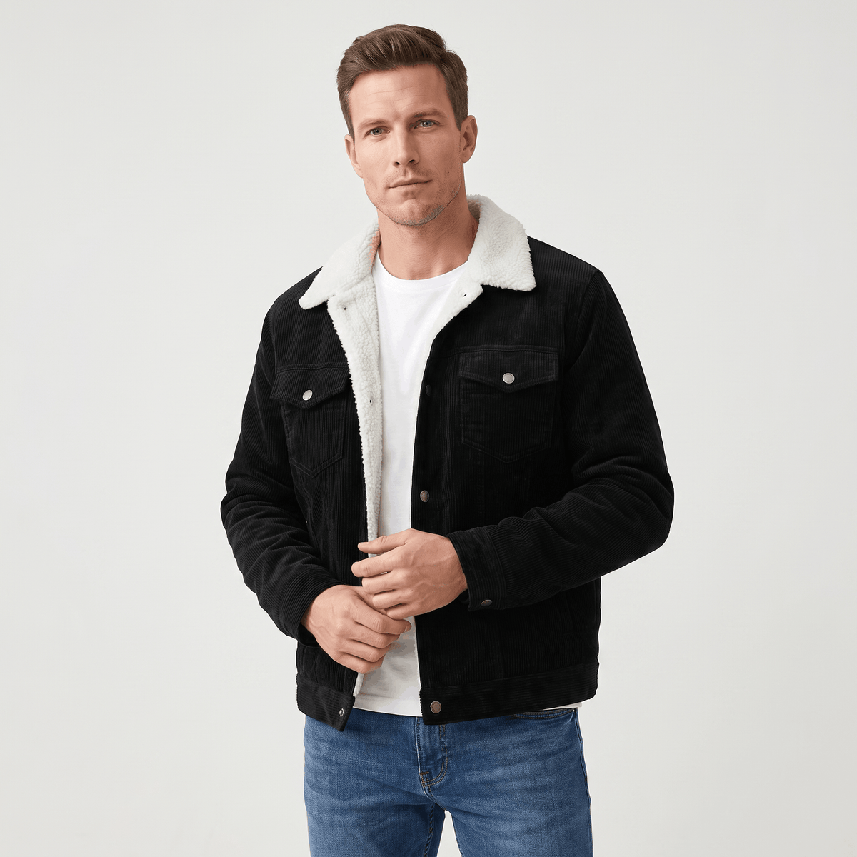 Men's corduroy jacket with sherpa collar, button front and chest pockets