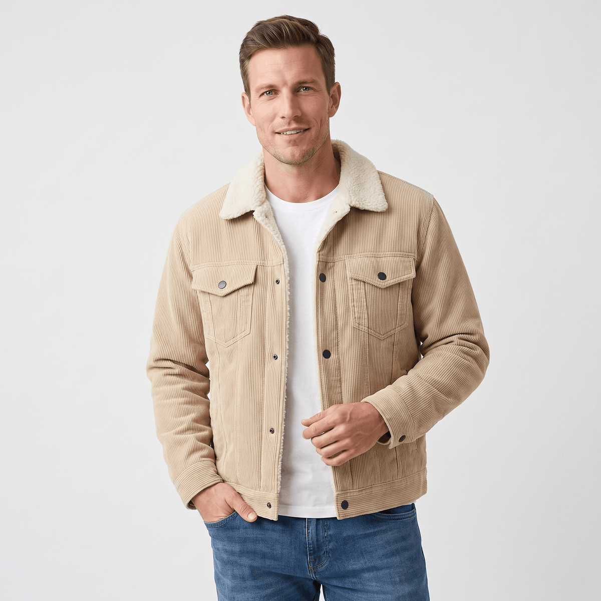Men's corduroy jacket with sherpa collar, button front and chest pockets