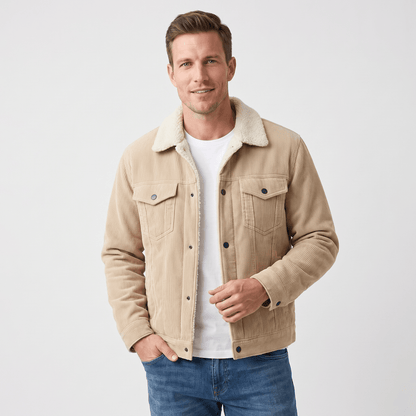 Men's corduroy jacket with sherpa collar, button front and chest pockets
