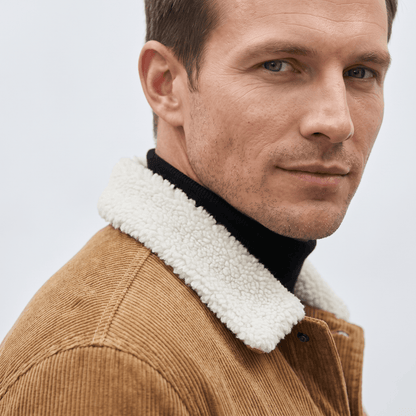 Men's corduroy jacket with sherpa collar, button front and chest pockets