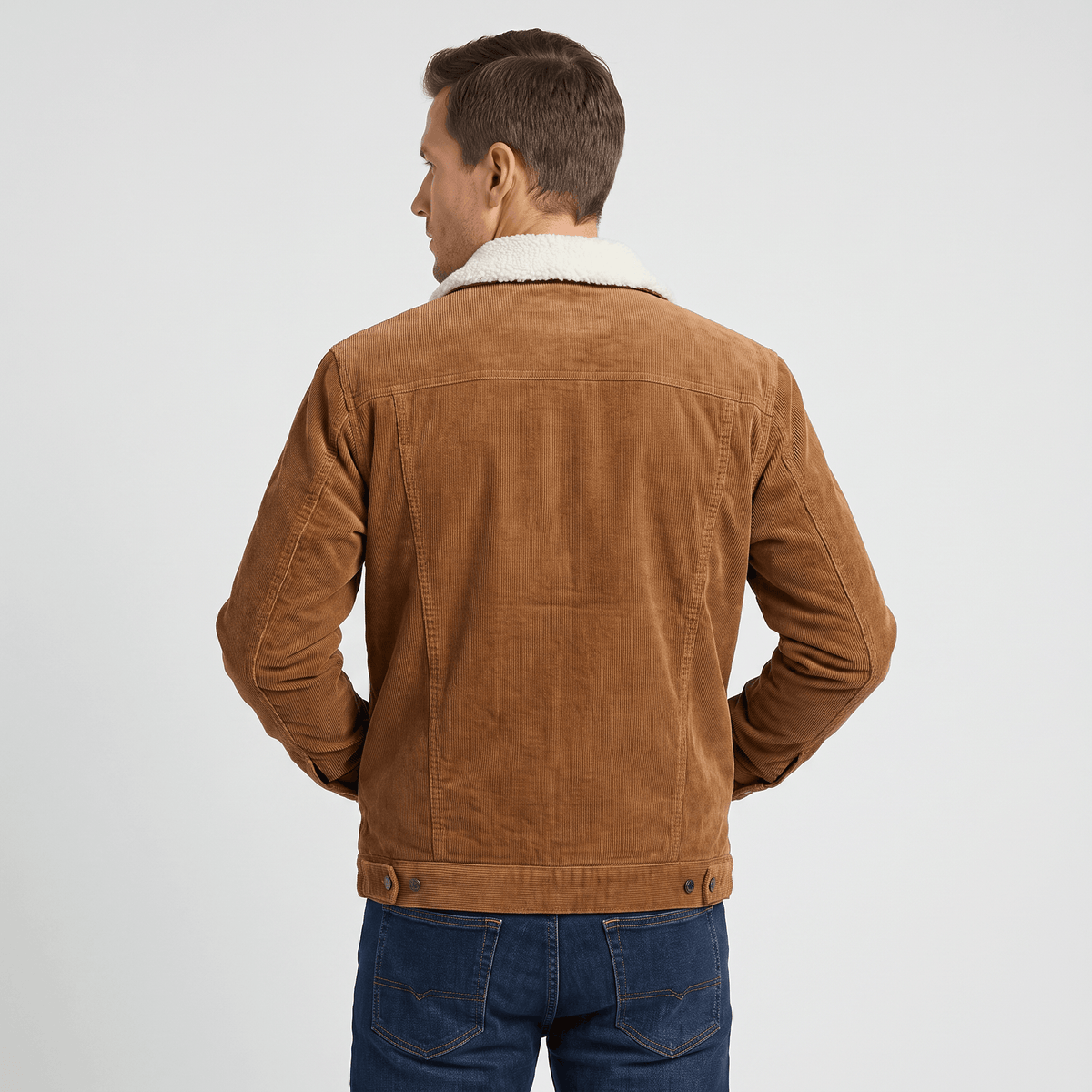 Men's corduroy jacket with sherpa collar, button front and chest pockets
