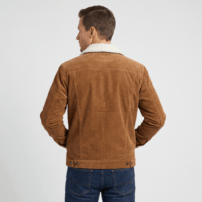 Men's corduroy jacket with sherpa collar, button front and chest pockets